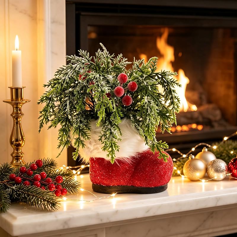 Mini Christmas Santa Boots Planter 8" with Red Berry Cedar