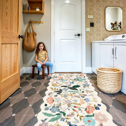 Washable 3x6 Hallway Runner Rug: Floral Scalloped Soft Runners for Entryway Kitchen Nursery Non Slip Bathroom Laundry Floor Mat Water Resistant Light Weight Carpet for Living Room Bedroom (3x6,Cream)