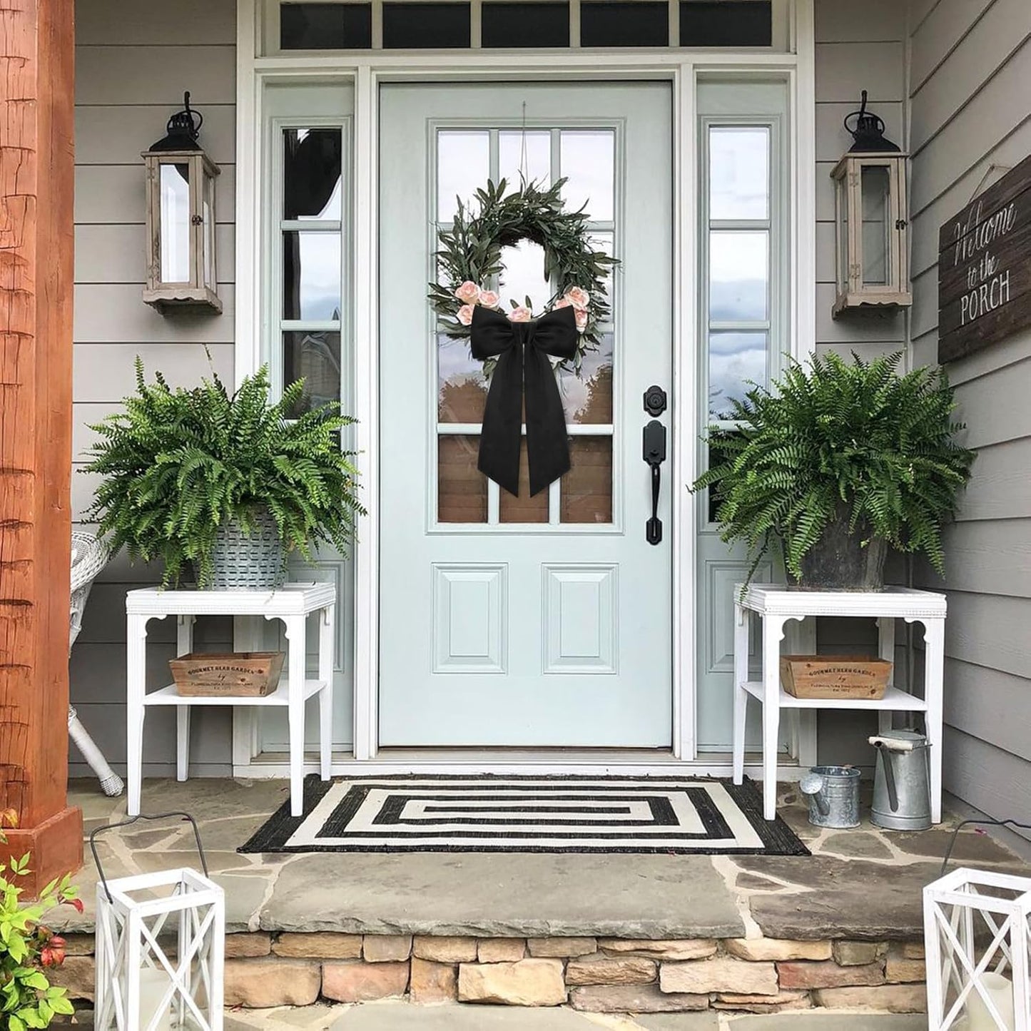 Skiennix Black Wreath Sash - Elegant Linen Ribbon Bow for Front Door & Porch Decor | 2 Pcs Set