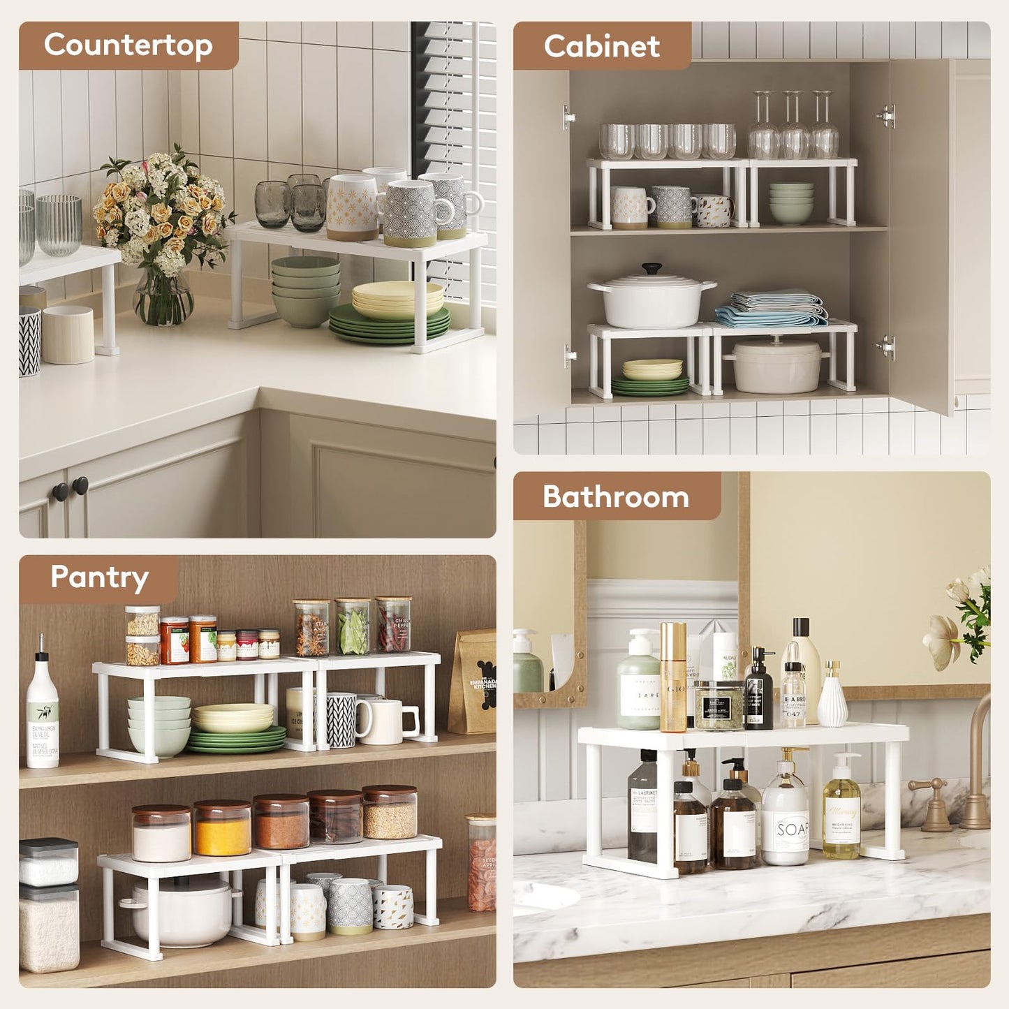 Lifewit Cabinet Shelf Organizer, Expandable Countertop Kitchen Shelves, Plastic Shelf Riser for Pantry Kitchen Storage and Spice Rack, Set of 3, White