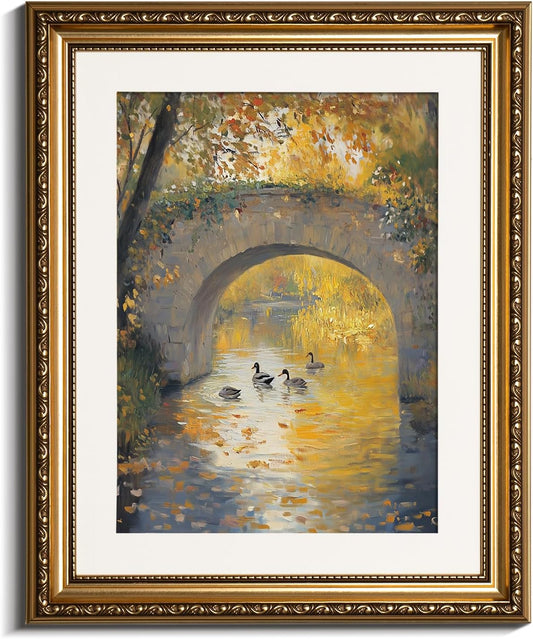 VIYYIEA Gold Framed Wall Art - Vintage Stone Bridge Canvas Print for Home Decor | 16L x 13W