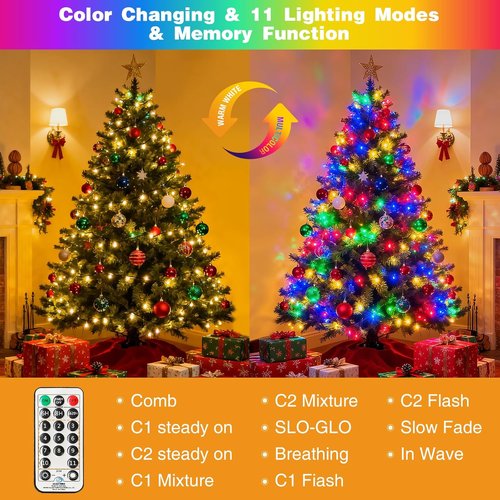 Btfarm Color Changing Christmas Lights - 115FT 300 LED Outdoor Fairy Lights | Battery Operated, 3 Modes