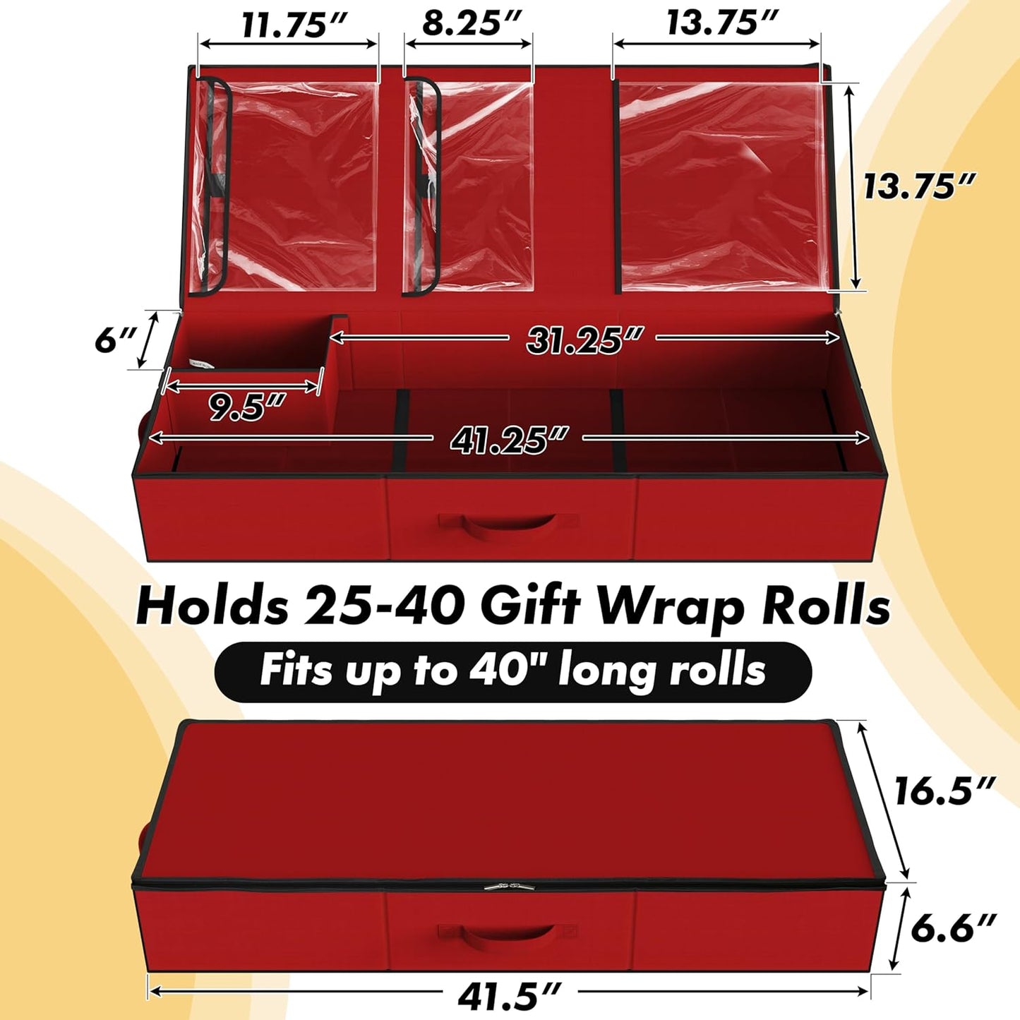 Simple Houseware Wrapping Paper Storage Organizer - Holds 40 Rolls with Adjustable Straps & Clear Pockets, 41.5''L x 16''W, Red