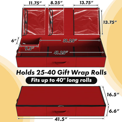 Simple Houseware Wrapping Paper Storage Organizer - Holds 40 Rolls with Adjustable Straps & Clear Pockets, 41.5''L x 16''W, Red