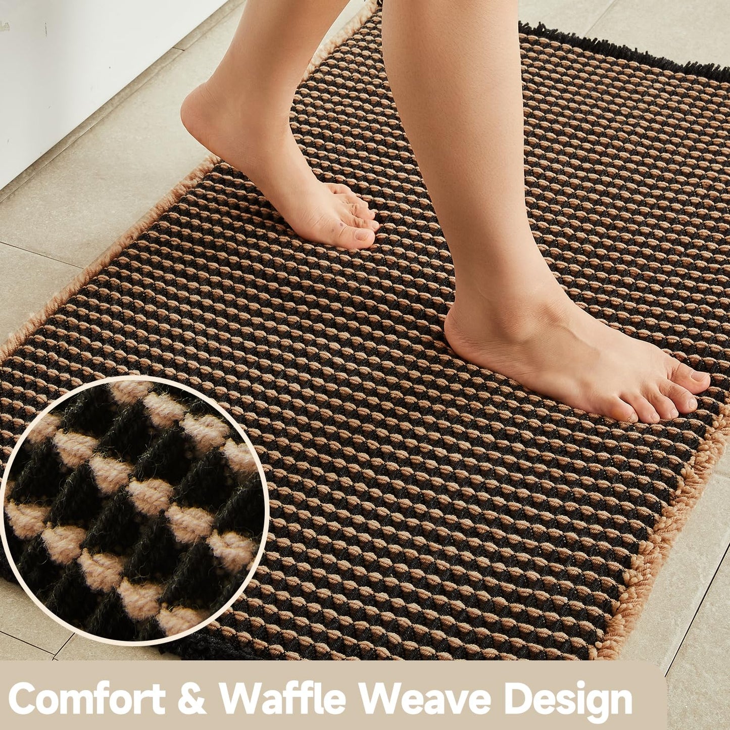 TYUU Waffle Runner Rug Bathroom, Long Boho Bathroom Rugs Non Slip Washable Super Absorbent Quick Dry Farmhouse Bath Decor, 72"x24" Khaki and Black