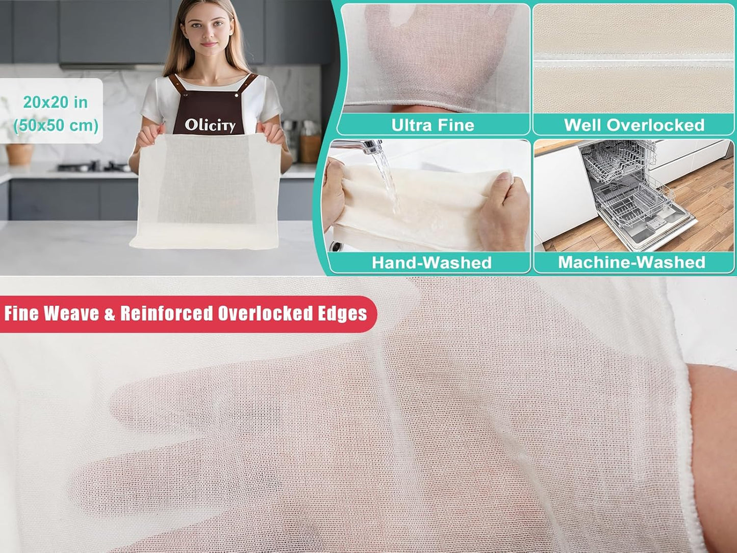 Olicity Cheese Cloths - Reusable Double-Layer 20x20 Inch Unbleached Cotton Straining Bags | 2PCS Fine Mesh Muslin