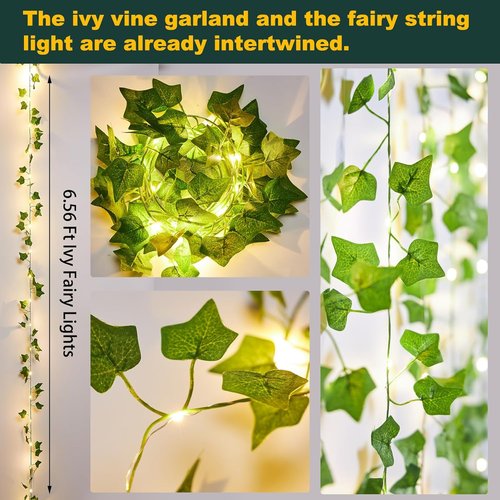 KASZOO Fairy Light Vines - 2 Pack 6.56 Ft Artificial Garland with 40 LEDs | Battery Operated Ivy Decor