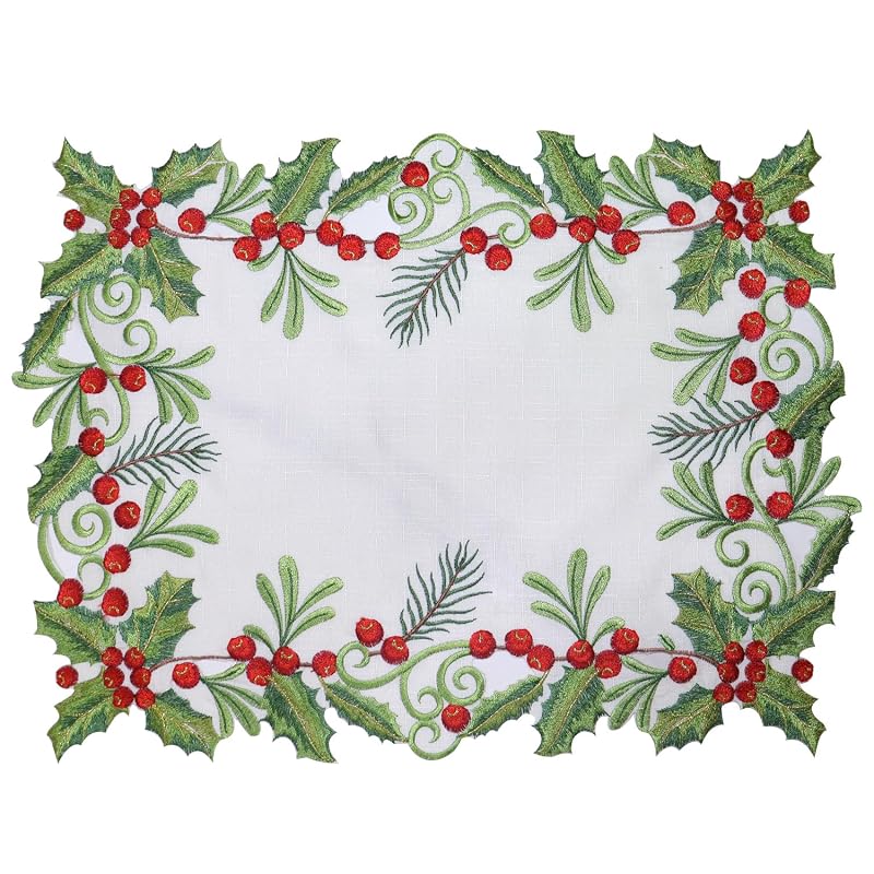 Christmas Table Runner Holly Red Berry White—13x48in, Embroidered 100% Polyester Variation: White+13x48IN