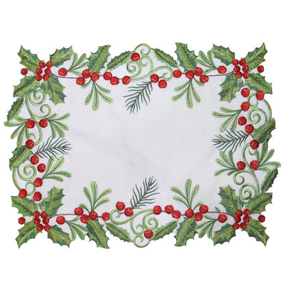 Christmas Table Runner Holly Red Berry White—13x48in, Embroidered 100% Polyester Variation: White+13x48IN
