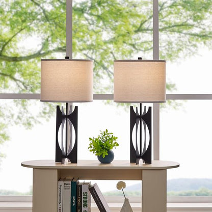 HGNPJC Industrial Table Lamps Set of 2 Black 26” 3-Way Bedside Lamp with White Linen Shade Metal Nightstand Lamp for Living Room Bedroom Dining Room End Table(JC-5-2PK-BK)