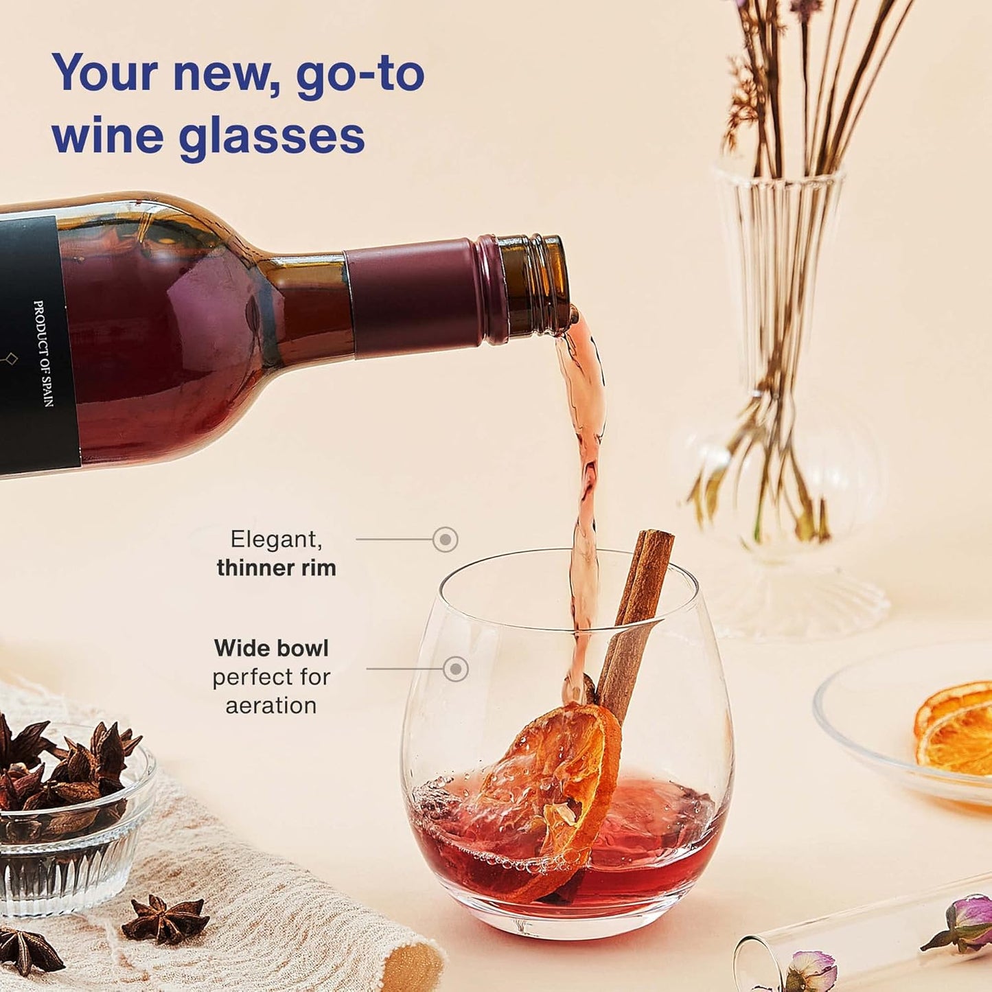 Vintorio GoodGlassware Stemless Wine Glasses (Set Of 4) 15 oz - Crystal Clear Clarity, Classic Bowl Design Perfect for Red and White Wines - Dishwasher Safe, All-Purpose Tumblers
