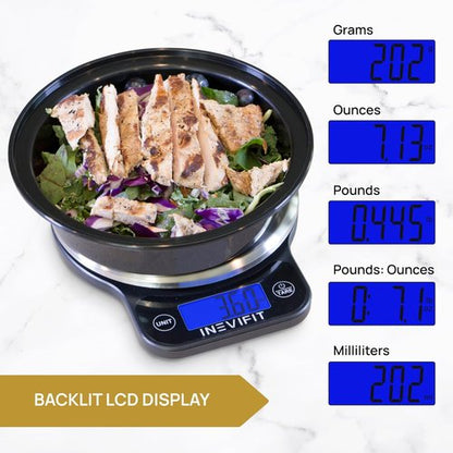 INEVIFIT Digital Kitchen Scale - Accurate Multifunction Food Scale Up to 13 lbs | Sleek Black with Stainless Steel Finish