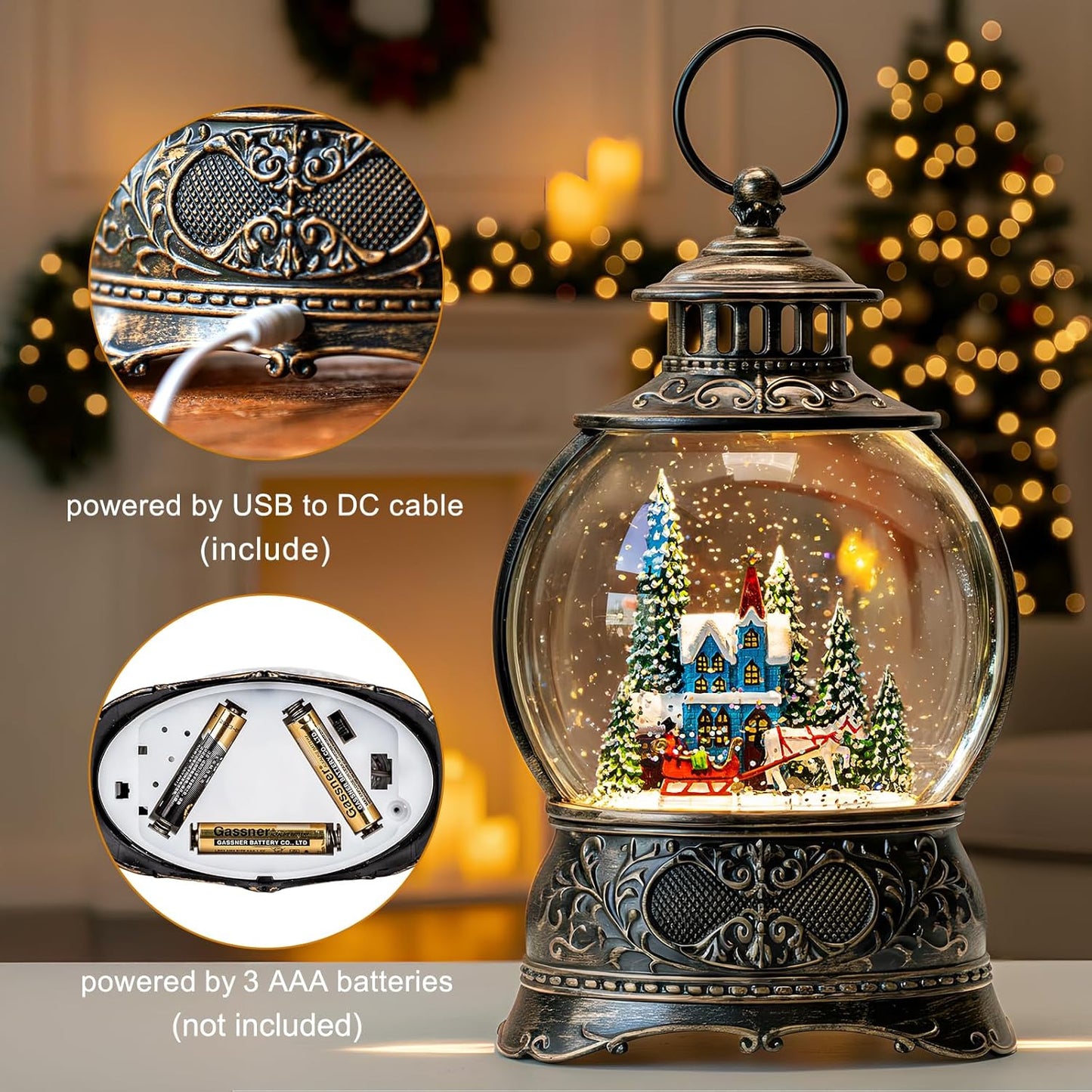 Regine Switzerland Christmas Snow Globe - Musical Water Lantern with Carriage & Timer | USB/Battery Operated