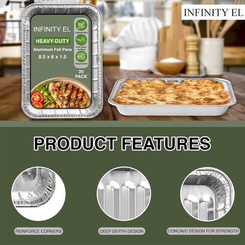 Infinity EL Disposable Aluminum Foil Pans - Heavy Duty Mini Shallow 8.5"x6"x1.5" | 20 Pack for Roasting & Baking