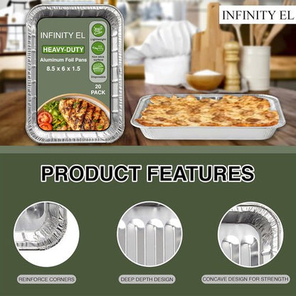 Infinity EL Disposable Aluminum Foil Pans - Heavy Duty Mini Shallow 8.5"x6"x1.5" | 20 Pack for Roasting & Baking