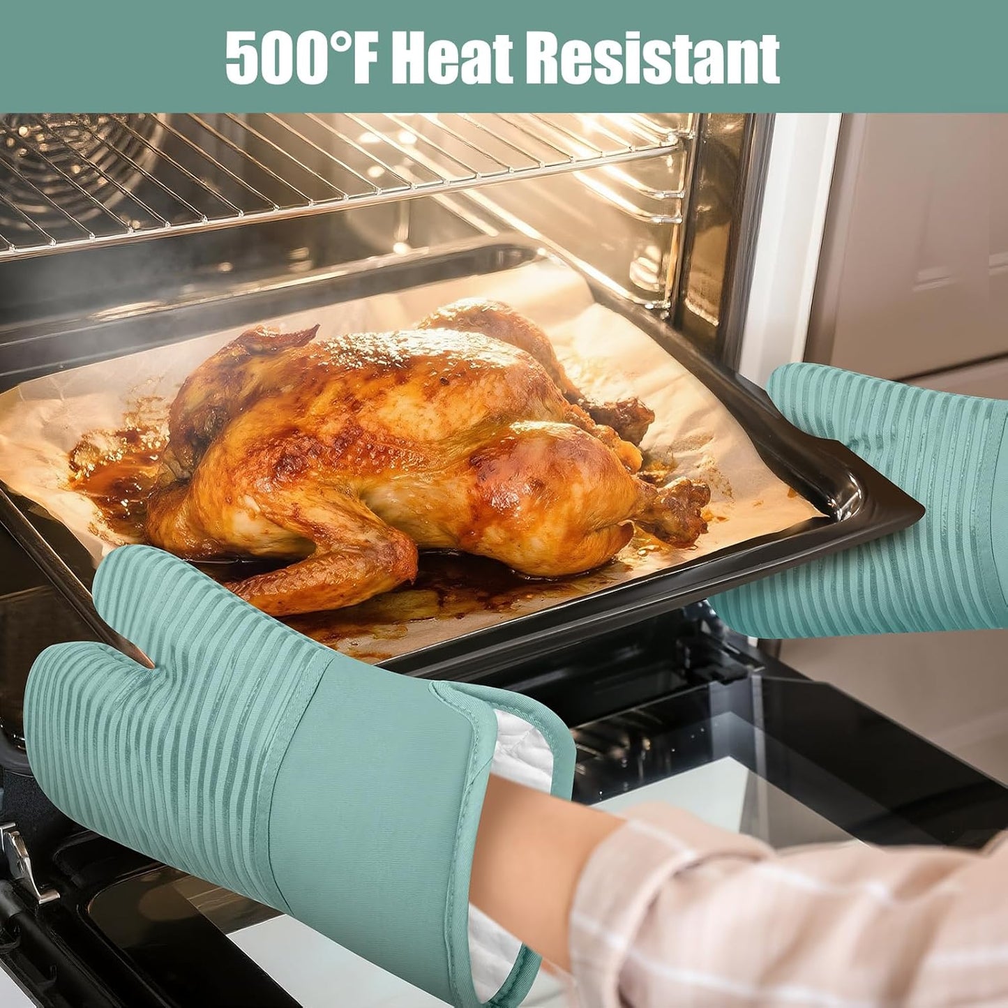 Skiennix Oven Mitts and Pot Holder Set - 500°F Heat Resistant Silicone Grip | 6 Pack Mint Green Cotton Kitchen Essentials