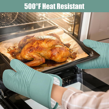 Skiennix Oven Mitts and Pot Holder Set - 500°F Heat Resistant Silicone Grip | 6 Pack Mint Green Cotton Kitchen Essentials