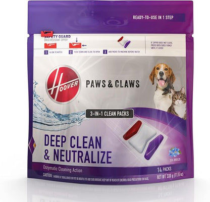 Hoover Paws & Claws Carpet Cleaning Solution - Sea Breeze Scented Pre-Measured Packs for Tough Pet Messes & Stains