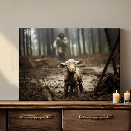 Framed Jesus Christ Wall Art - Canvas Painting of Jesus and Lamb | Biblical Decor 12" x 16"
