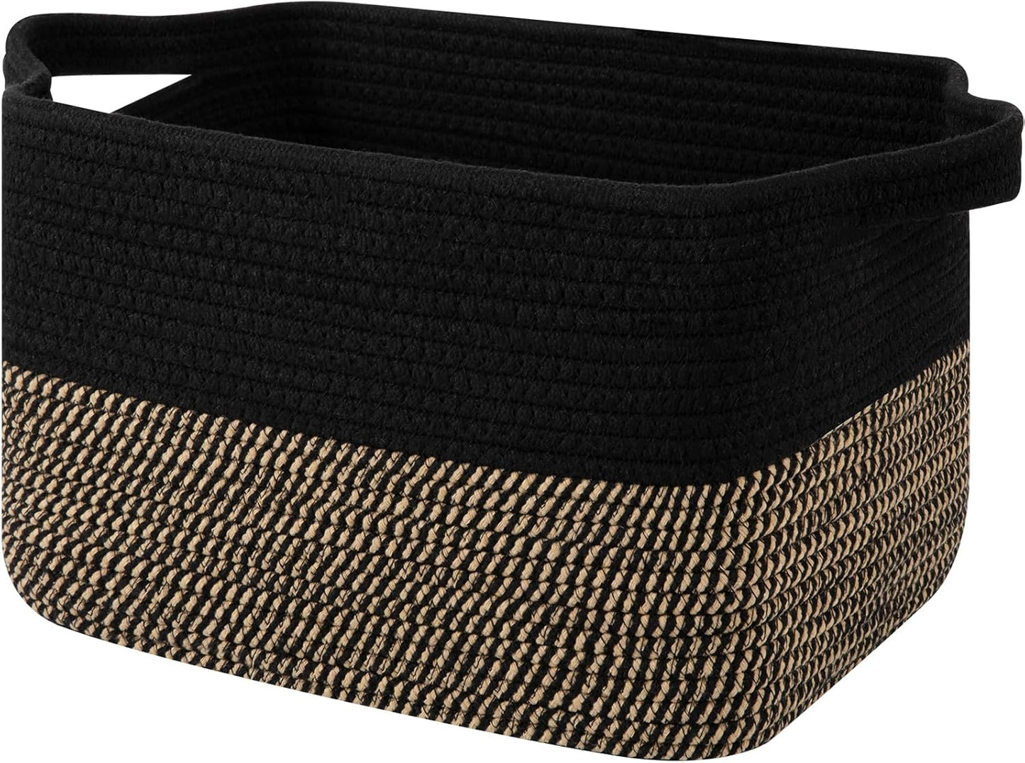 OIAHOMY Woven Storage Basket - Rectangle Cotton Rope Organizer for Toys, Towels, Books | 13 x 10 x 9 in, Black & Brown