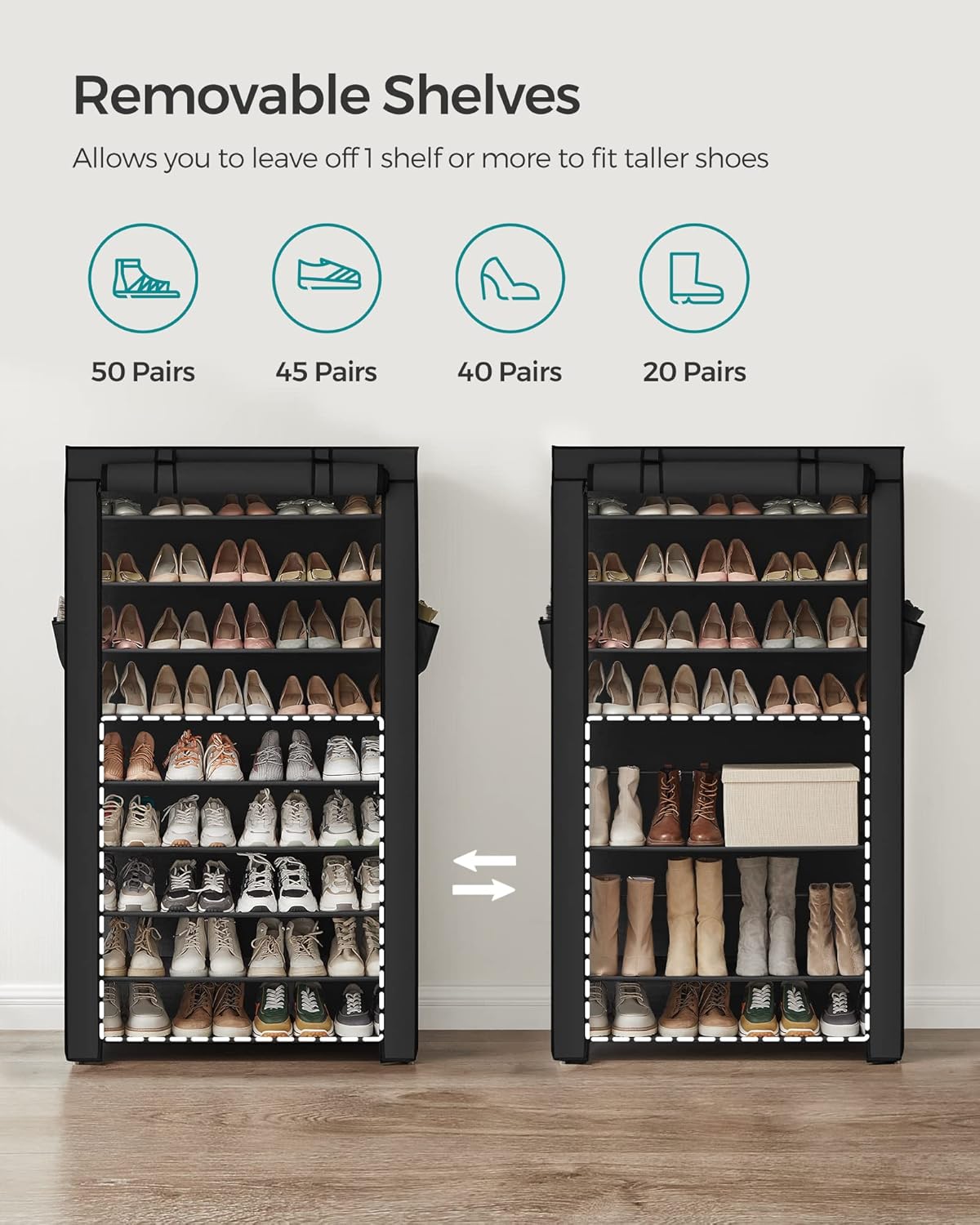 SONGMICS 10-Tier Shoe Rack - Dustproof Shoe Storage Cabinet for 40-50 Pairs | Free-Standing Organizer in Black