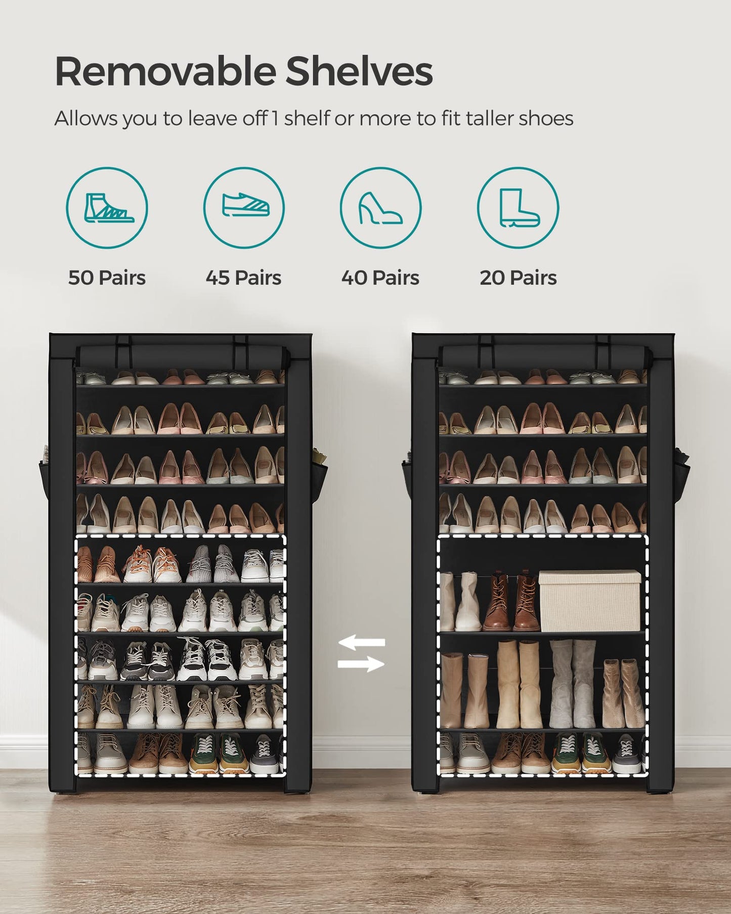 SONGMICS 10-Tier Shoe Rack, Shoe Storage Cabinet with Dustproof Cover, Free-Standing Shoe Storage Organizer for Closet, Entryway, Hold 40-50 Pairs of Shoes, for Sneakers, High Heels, Black URXJ36HV1
