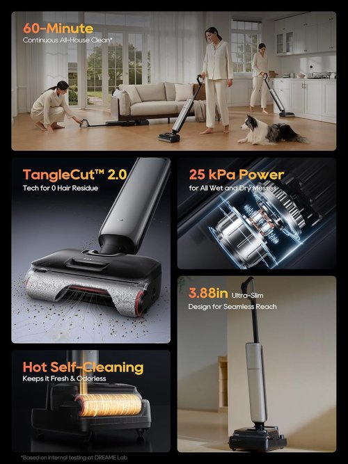 DREAME Aero Pro Wet Dry Vacuum Mop - Ultra-Slim Design with Self-Cleaning & 60 Min Runtime | Ideal for Pet Owners