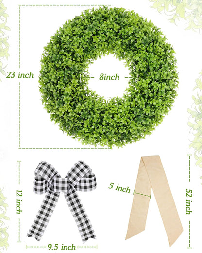 Vlorart 23-Inch Large Boxwood Door Wreath - All-Season Artificial Greenery with Sash & Bow | Perfect for Indoor & Outdoor Decor