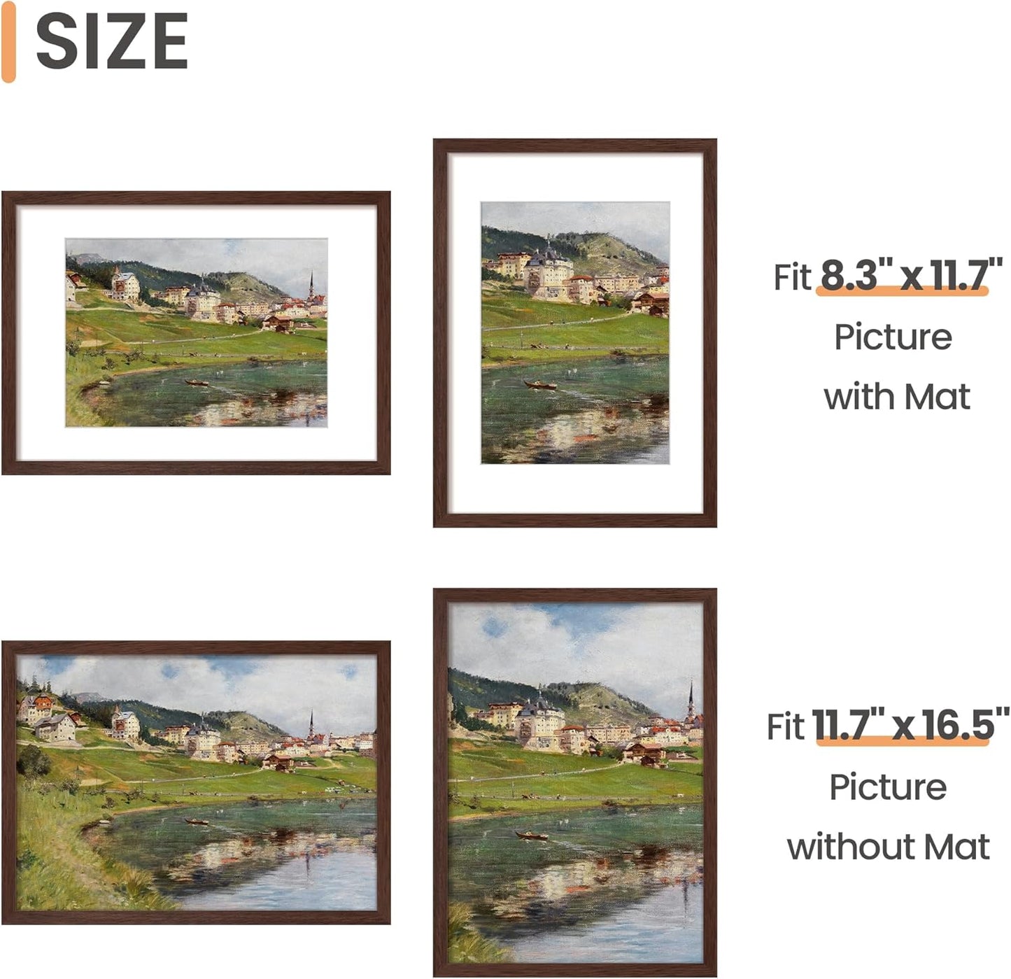 Upsimples A3 Picture Frame - Display 8.3x11.7" or 11.7x16.5" Pictures | Brown Wall Hanging Frame, 1 Pack