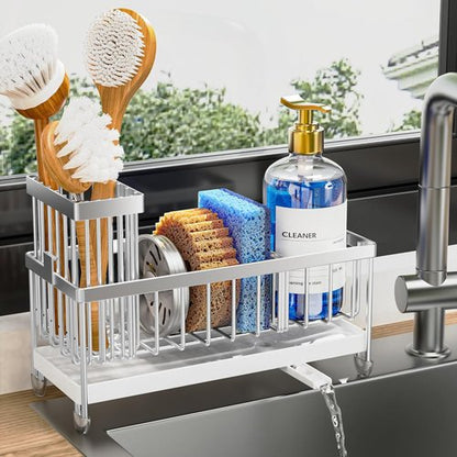 Cisily Kitchen Sink Caddy Organizer - Rustproof 304 Stainless Steel Sponge Holder | Silver, 9.25”