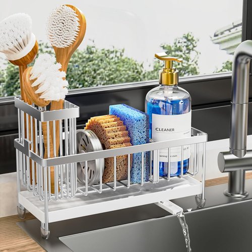 Cisily Kitchen Sink Caddy Organizer - Rustproof 304 Stainless Steel Sponge Holder | Silver, 9.25”