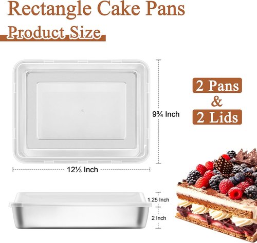 LIANYU Stainless Steel Baking Pan Set - 12⅓ x 9¾ x 2 Inch Rectangle Bakeware with Lids, Non-Toxic & Dishwasher Safe (2 Pans + 2 Lids)