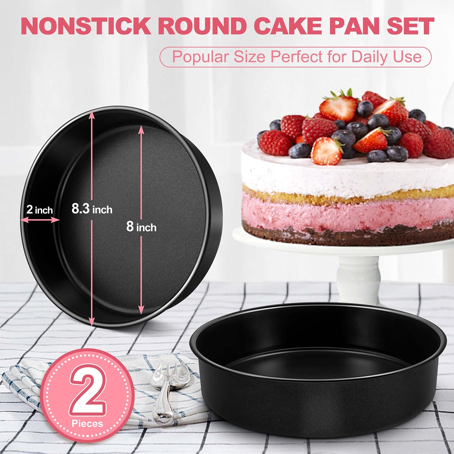 Homikit 8 Inch Cake Pan Set of 2, Stainless Steel Round Cake Baking Pans, Large Metal Smash Layer Cheesecake Pans Tins for Birthday Wedding, Nonstick & Healthy & Oven Safe