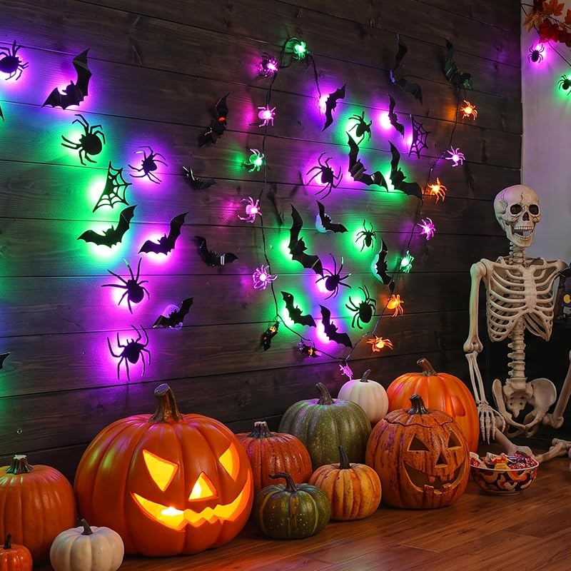 LED Halloween Wall Decor Set – 42pcs 3D Bats & Spiders with Green & Purple Lights