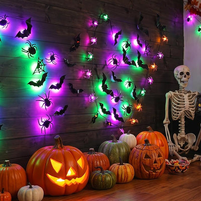 LED Halloween Wall Decor Set – 42pcs 3D Bats & Spiders with Green & Purple Lights
