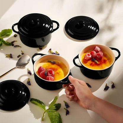 Kook Ceramic Mini Cocotte Set - Small Casserole Dishes with Lids | Oven & Microwave Safe, 12 oz, Set of 4 (Black)