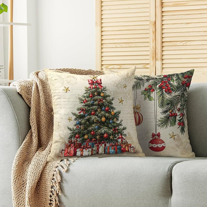 Vintage Christmas Tree Pillow Covers 18x18 Inches - Set of 2, Red & Green