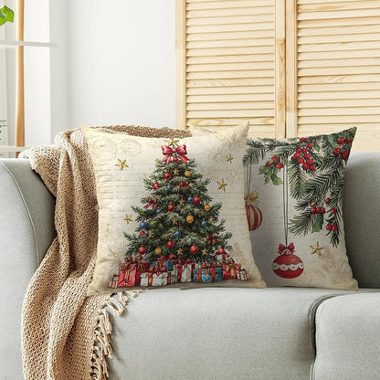 Vintage Christmas Tree Pillow Covers 18x18 Inches - Set of 2, Red & Green