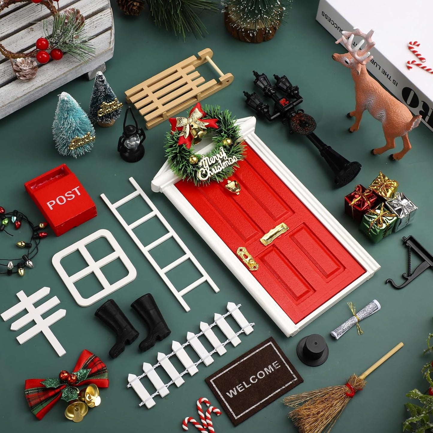 Shappy Christmas Elf Fairy Doors - 39 Pcs Enchanted Wooden Miniature Decor for Girls | Red Outdoor Xmas Accessories