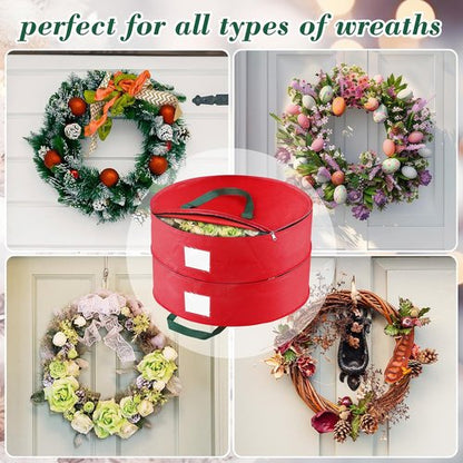 BlessedSeason Wreath Storage Container - Protect 2 Holiday Wreaths with Dual Zipper & Handles | 24” Red