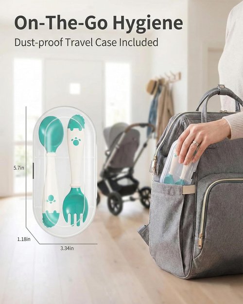 Deejoy Toddler Utensils - Self-Feeding Flatware Set with Travel Case | Silicone Bendable Handles, Easy Grip, Stage 2 Green