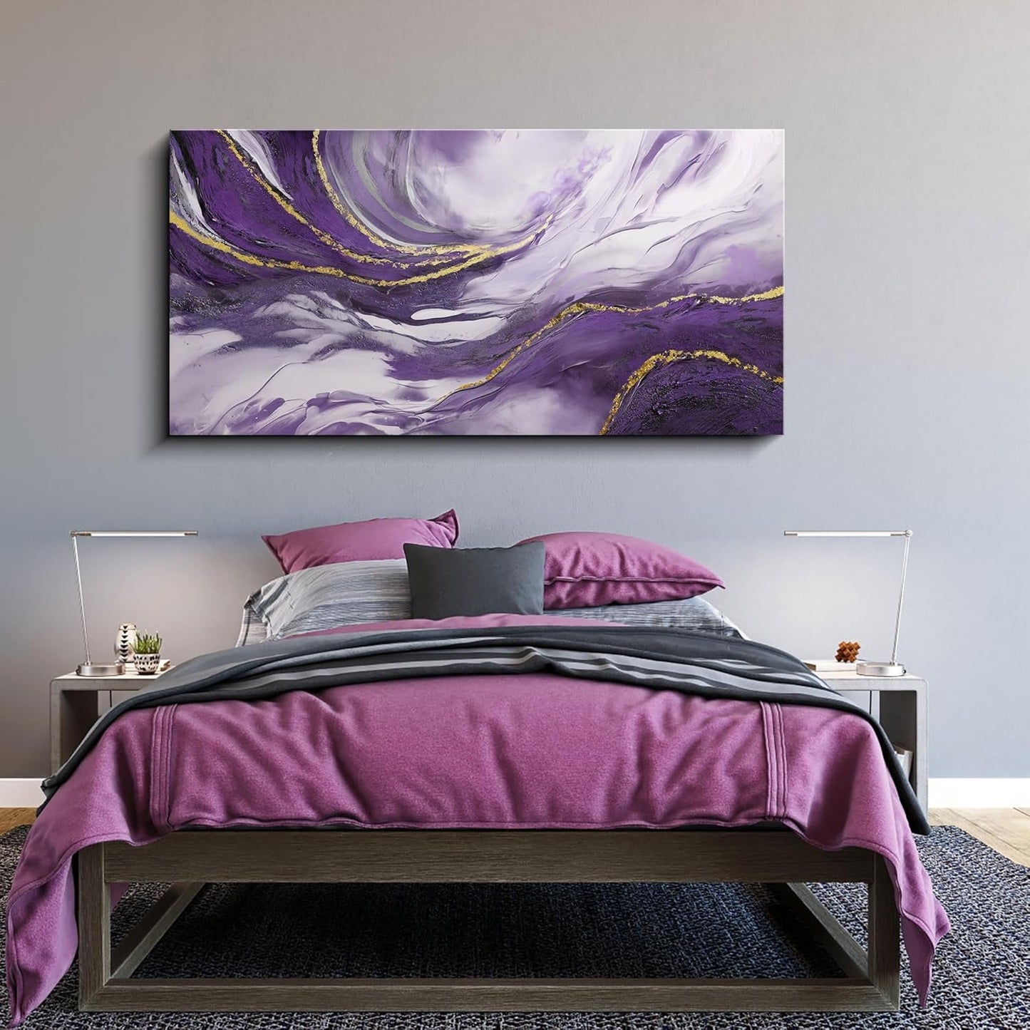 Yiijeah Large Canvas Wall Art - Purple and Gold Abstract Design for Living Room | Modern Framed Decor