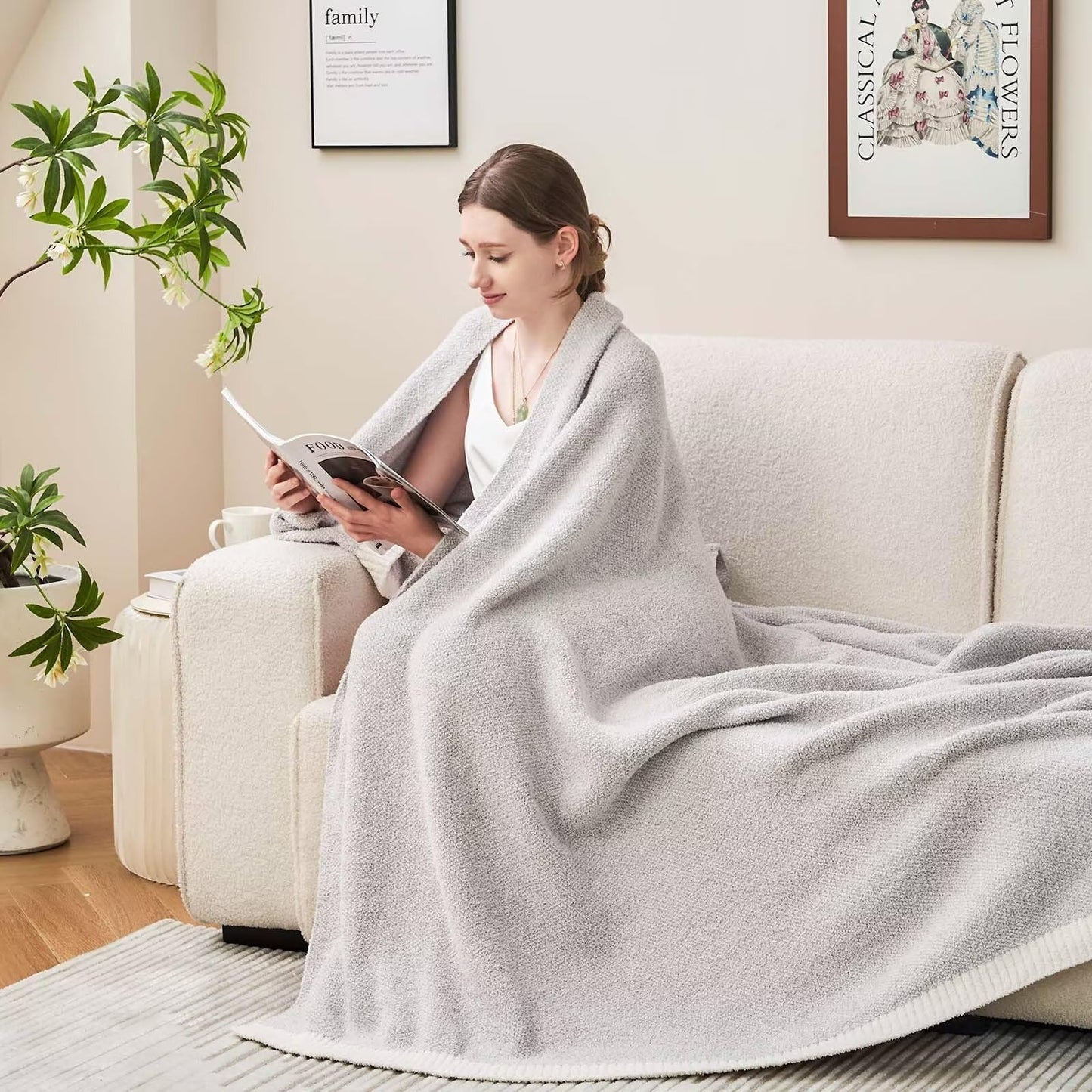 XIBLC Light Grey Throw Blanket for Couch, Soft Fluffy Reversible Super Cozy Knitted Blankets Fluffy Warm Throws Fuzzy Plush Lightweight Throw Blankets for Sofa, Bed, Living Room 60 x 80 Inch