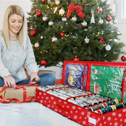 Gift Wrap Storage Organizer by Christmas | Heavy-Duty 600D Underbed Bag with Pockets for Holiday Accessories