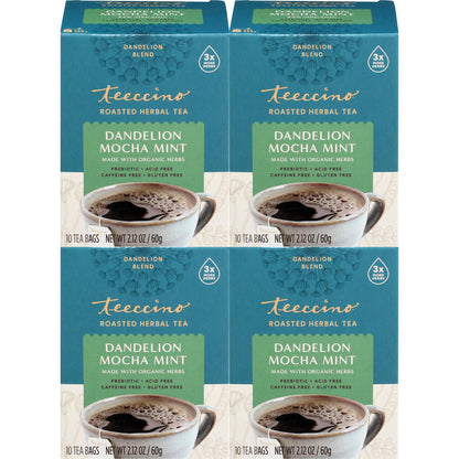 Teeccino Dandelion Mocha Mint Tea - Caffeine Free, Roasted Herbal Tea with Prebiotics, 3x More Herbs than Regular Tea Bags, Gluten Free - 10 Tea Bags (Pack of 4)