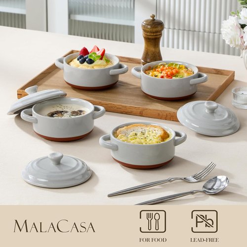 MALACASA Mini Cocotte Set - 12 OZ Ramekins with Lids | Oven-Safe Ceramic Baking Dishes, Set of 4 in Khaki Grey