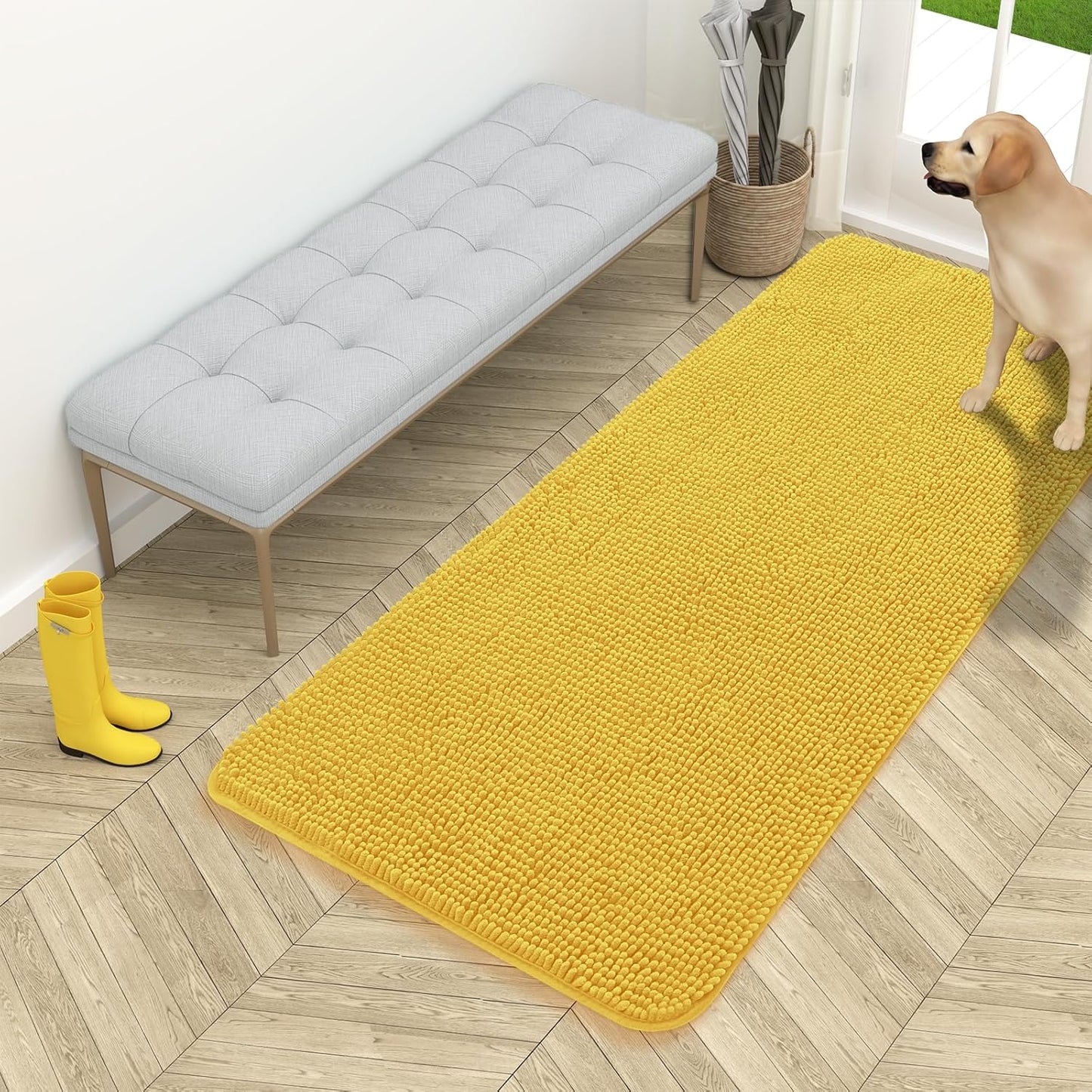 OLANLY Dog Door Mat - Absorbent Non-Slip Chenille for Muddy Paws | 54x24 Inches, Quick Dry, Yellow