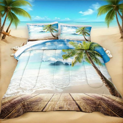 Bedbay Beach Theme Comforter Set Twin Size Tropical Bedding Twin Size Palm Tree Duvet Boys Girls Sunny Beach Coastal Bedding Down Comforter Soft Microfiber 2 Pcs Quilt Set