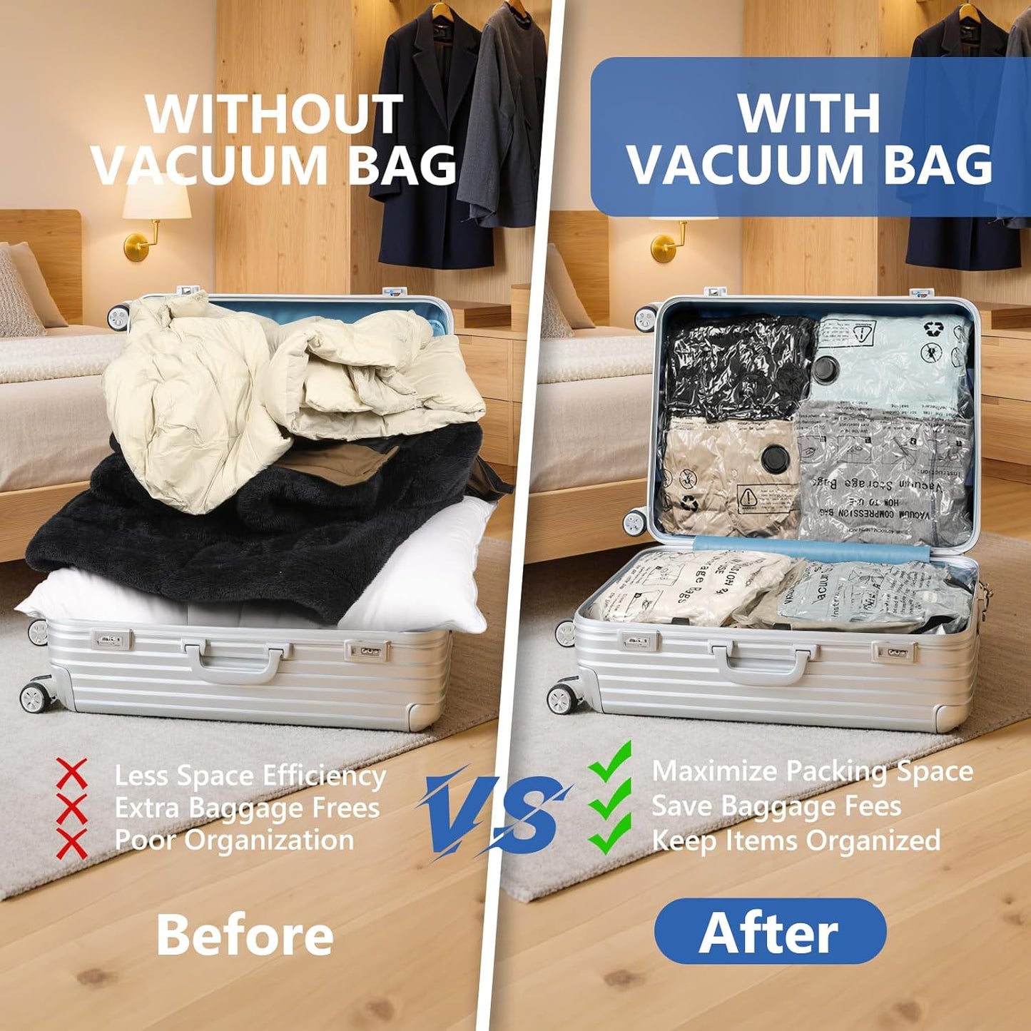 NESCCI Travel Vacuum Bags - 36 Pack Compression Packing Bags with Rechargeable Wireless Air Pump | Space Saver for Luggage & Carry-On