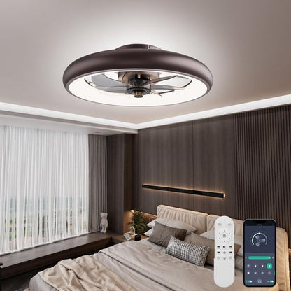 Ceiling Fans with Lights and Remote, Low Profile Ceiling Fan with Lights, 20'' Flush Mount Ceiling Fan, Dimmable LED Ceiling Fan, 6 Speeds, Rustic Smart Ceiling Fan for Bedroom/Living Room/Kitchen